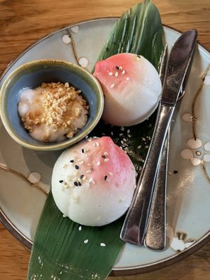 Dessert: „hefeklöße“ with coconut-peanut sauce  at Udum in Cologne