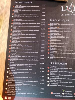 Menu at Pizzeria L'Antica in Reims