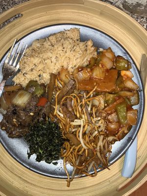 From top left, clockwise: fried rice, Szechuan chicken, chicken chow mein, crispy seaweed, beef with black bean and veg (all vegan of course)  at Sholing Take Away in Southampton