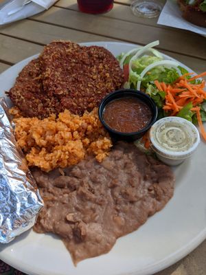 Milanesa plate, ONE OF THE BEST THINGS EVER imo (: at Mr. Natural - East Cesar in Austin