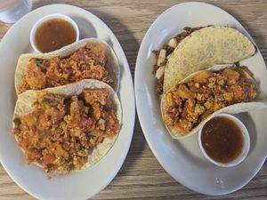 Migas tacos, crunchy chorizo, and the east sider at Mr. Natural - East Cesar in Austin
