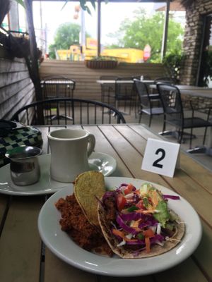 crispy taco (soyrizo & potato) and a seitan “fish” taco on whole wheat tortilla. NICE.  at Mr. Natural - East Cesar in Austin