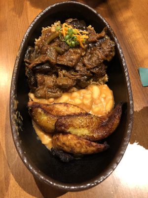 Eggplant, beans, rice, plantains  at Baobab Fare in Detroit