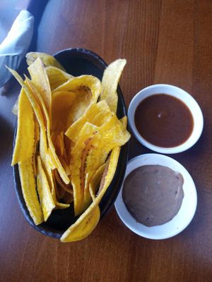 Plantain Chips with the default sauce and another vegan sauce, who's name I forget. at Baobab Fare in Detroit