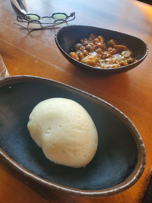 Ugali (Tuesday special) - Corn flour ball with okra stew. at Baobab Fare in Detroit