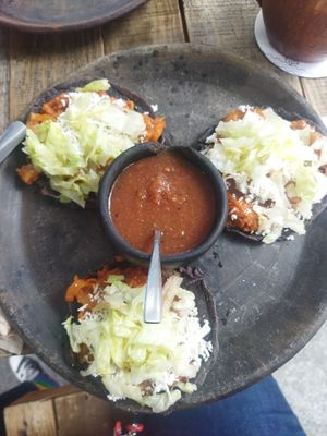 Sopesitos con tinga de setas at Luvina Vegan Bar in Mexico City