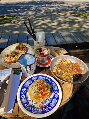 Right to left: pasta of the day, mushroom draniki, avocado toast at Sarai.Space in Brest