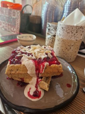 Cream and red fruits waffle at Sarai.Space in Brest