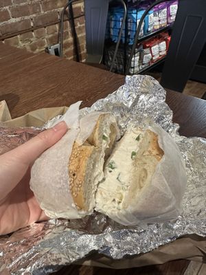 Sesame bagel with tofu scallion cream cheese  at Court Street Bagels in Brooklyn