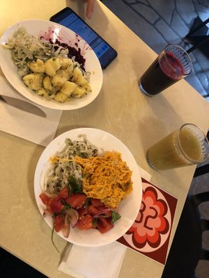 Our salad plates and juices   at Zloty Osiol in Katowice