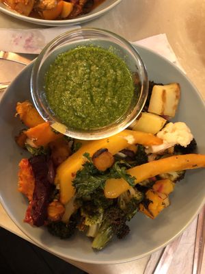 Baked veg and homemade vegan kale pesto  at Zloty Osiol in Katowice