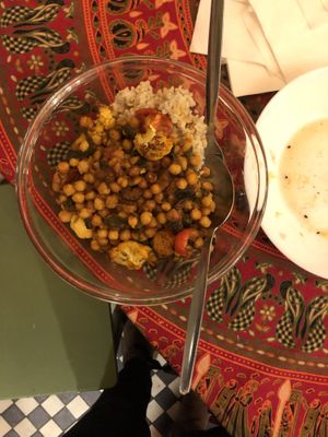 Chick Pea stew with tomato, cauliflower, egg plant and brown rice. at Zloty Osiol in Katowice