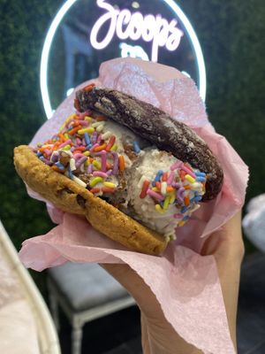 Brownie batter and chocolate chip cookies with maple pecan ice cream + sprinkles  at Scoops Dessert Bar in Chicago