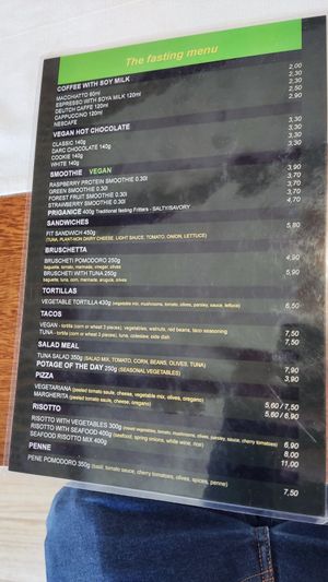 Menu with a lot of vegan/vegetarian options for fasting (still some with fish and seafood) at Pekara in Niksic