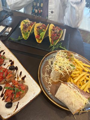 Vegan taco and vegan burritos with vegan cheese, and vegan bruschetta  at Pekara in Niksic