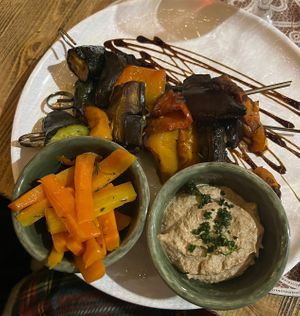 Vegetables skewers with carrots and vegan cashews dip  at Orto con Cucina in Milan