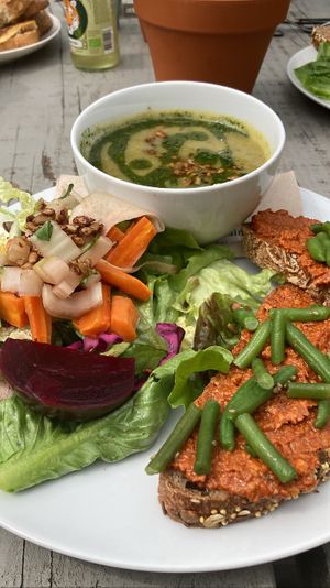 Lunch board: soup & salad of the day, sandwich with muhamarra. So flavorful, the bread was so yum  at De Moestuin in Utrecht
