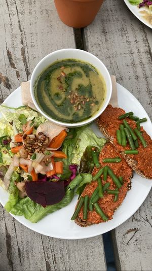  Lunch board: soup & salad of the day, sandwich with muhamarra. So flavorful, the bread was so yum  at De Moestuin in Utrecht