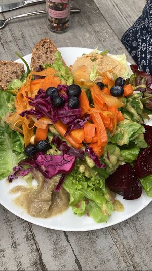 Lunch salad: lots of flavorful components. Bread and peanut hummus were a highlight   at De Moestuin in Utrecht