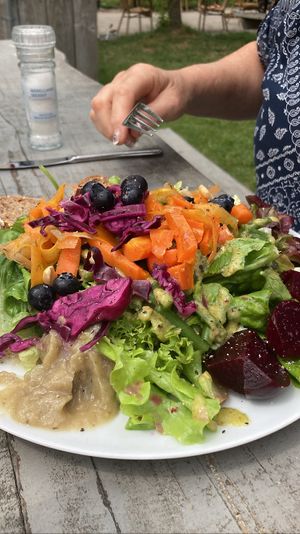 Lunch salad: lots of flavorful components. Bread and peanut hummus were a highlight   at De Moestuin in Utrecht