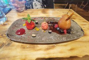 Poached pear w/ sorbet (Vegan) at Sangria in Galway
