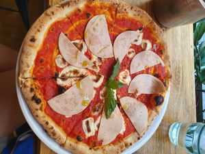 Vegan Margherita + mortadella at A GoGò Pizzabar in Mallorca