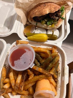 Za’atar fries & Sabich eggplant sandwich  at Motek Café in Miami