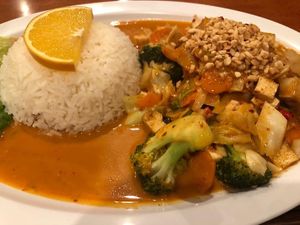 Cashew tofu curry/stirfry at Three Sisters Park in Ephrata
