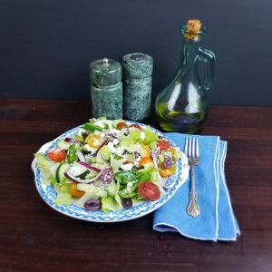 Greek Salad with Romaine at Theano Vegan Greek & Mediterranean in Austin