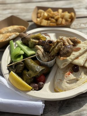 Meze plate with skewers   at Theano Vegan Greek & Mediterranean in Austin