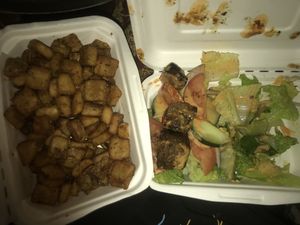 beef + friez at Theano Vegan Greek & Mediterranean in Austin