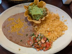 Beans and rice that come with the fajitas at El Sarape in Shelton