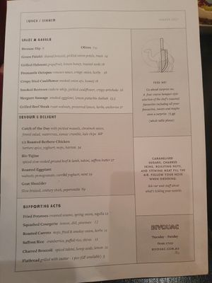 The menu at Bivouac Canteen & Bar in Perth