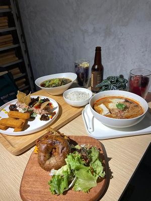 Salty fish bagel, sour and spicy fish, Dan Dan noodle at Root Vegan - 本原純素 in Hong Kong Island