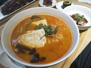 Dan dan noodles with dumplings at Root Vegan - 本原純素 in Hong Kong Island