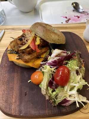 Salty fish bagel. Marinated omnipork and eggplant with bell pepper, seaweed and daiya cheese. at Root Vegan - 本原純素 in Hong Kong Island