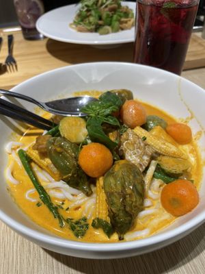 Red curry tempeh veg konjac noodle dish! at Root Vegan - 本原純素 in Hong Kong Island