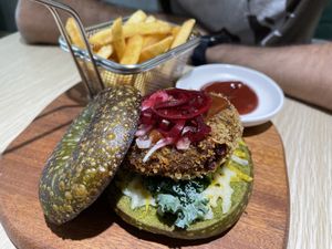 Root vegan burger (they ran out of buns so was served a bagel)  at Root Vegan - 本原純素 in Hong Kong Island