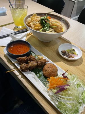 Thai Appetizer Platter (Sate and Fish Cake), Thai Noodle Curry  at Root Vegan - 本原純素 in Hong Kong Island
