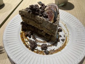 Excellent vegan hojicha tea cake with layers of cream, sponge, and crunch   at Root Vegan - 本原純素 in Hong Kong Island