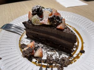 Latest layered chocolate cake - excellent, rich chocolate, not too sweet, with several textures   at Root Vegan - 本原純素 in Hong Kong Island