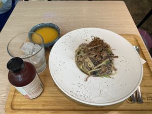 I ordered the truffle mushroom pasta with soup of the day (pumpkin soup) and lychee kombucha   at Root Vegan - 本原純素 in Hong Kong Island