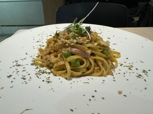 Dan Dan Linguine with OmniPork strips  at Root Vegan - 本原純素 in Hong Kong Island