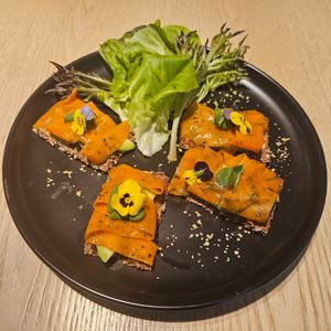 Smoke Carrot and Vegan Creme Cheese on Seed Crackers at Root Vegan - 本原純素 in Hong Kong Island