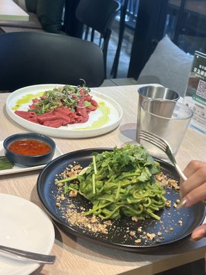 Beetroot penne & coriander avocado cream linguine   at Root Vegan - 本原純素 in Hong Kong Island