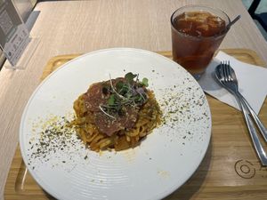 Kimchi pepperoni pasta chef special + earl grey iced teaa  at Root Vegan - 本原純素 in Hong Kong Island