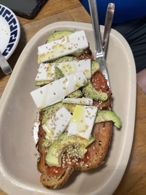 Tomato and avocado bread with vegan feta  at Café Bar El Muelle in Santiago De Compostela