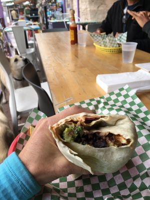 Dog friendly patio and Brussel Sprout burrito! Add guacamole  at POCO in Bisbee