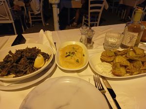 Horta, fava and fried zucchini at Rizes in Nikitas