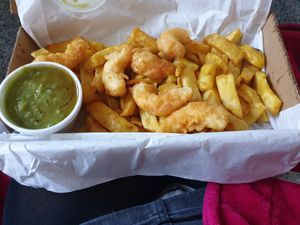 Vegan scampi and chips with mushy peas at Sea & Earth in Nottingham